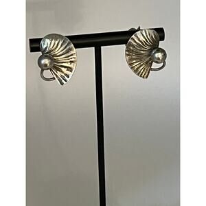 Vintage sterling silver Lily Pads screw back ear clips, signed